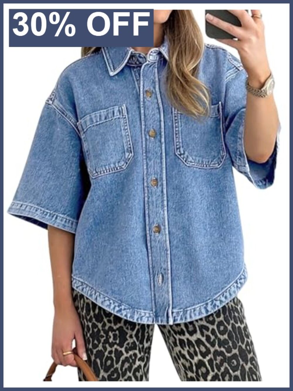 Womens Lightweight Denim Button-Down Shirt Oversized V-Hem Jean Top